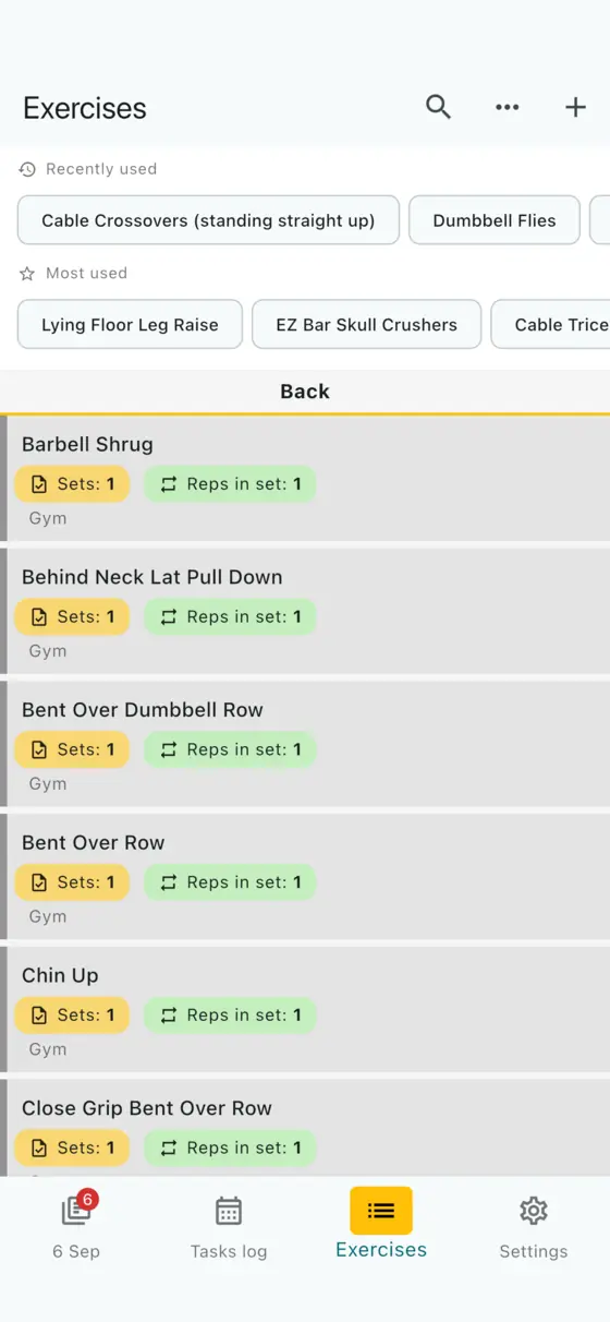 Exercise library in the GymDid gym log app, grouped by body part with recently used exercises on top