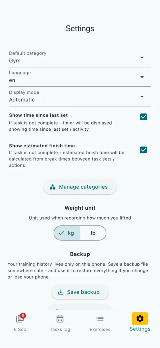 GymDid settings screen with language, weight unit and backup options